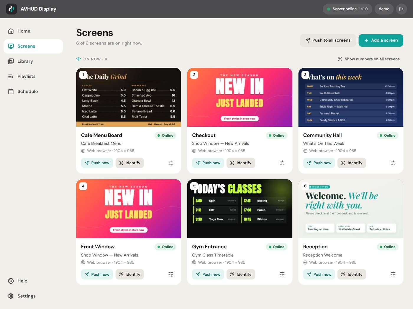 Screens page with live thumbnails