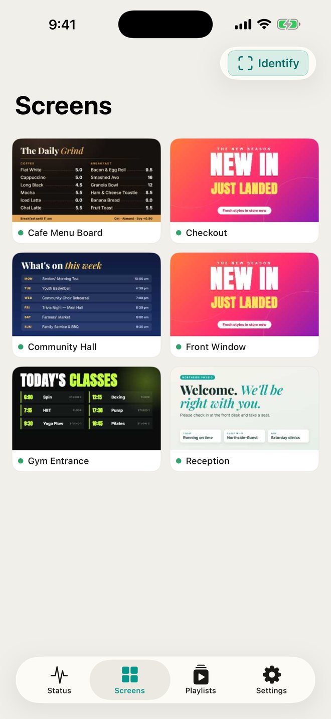 iPhone app showing live thumbnails of six screens